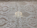 Sequins - White on Dark Nude Mesh - 4 Way Stretch Fancy Fabric Embroidered On Mesh Sold By The Yard