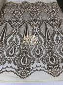 Sequins - Champagne - 4 Way Stretch Fancy Fabric Embroidered On Mesh Sold By The Yard