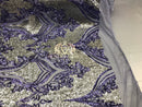 4 Way Stretch - Lilac and Gold - Two Tone Flower Design Sequins On Stretch Mesh By The Yard