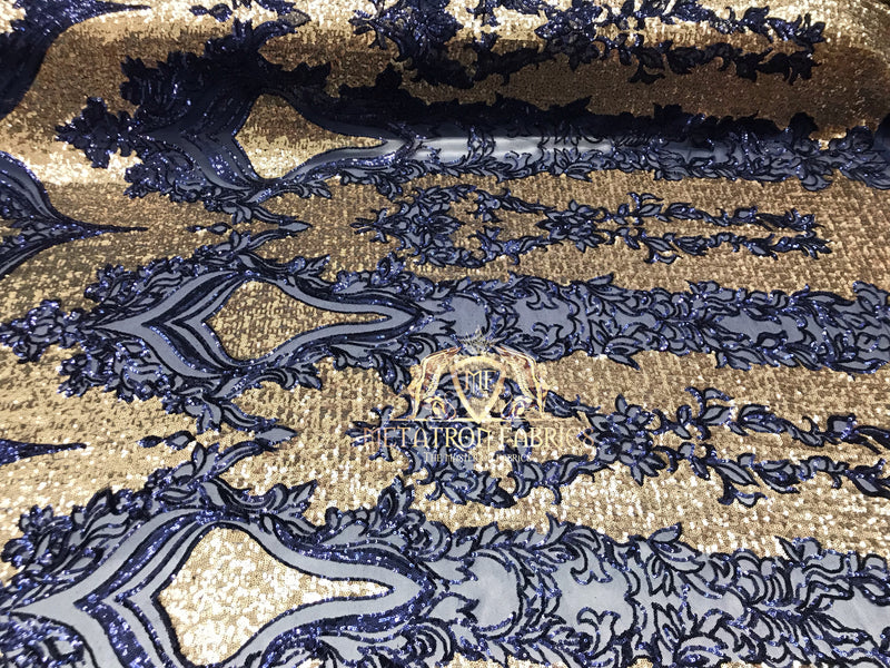 4 Way Stretch - Navy and Gold - Two Tone Flower Design Sequins On Stretch Mesh By The Yard