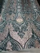 4 Way Stretch - Silver and Teal - Two Tone Flower Design Sequins On Stretch Mesh By The Yard