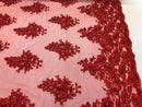 Floral Red Embroidered Lace Fabric with Sequins - Fancy Embroidery Design Fabrics By The Yard