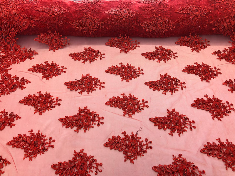 Floral Red Embroidered Lace Fabric with Sequins - Fancy Embroidery Design Fabrics By The Yard