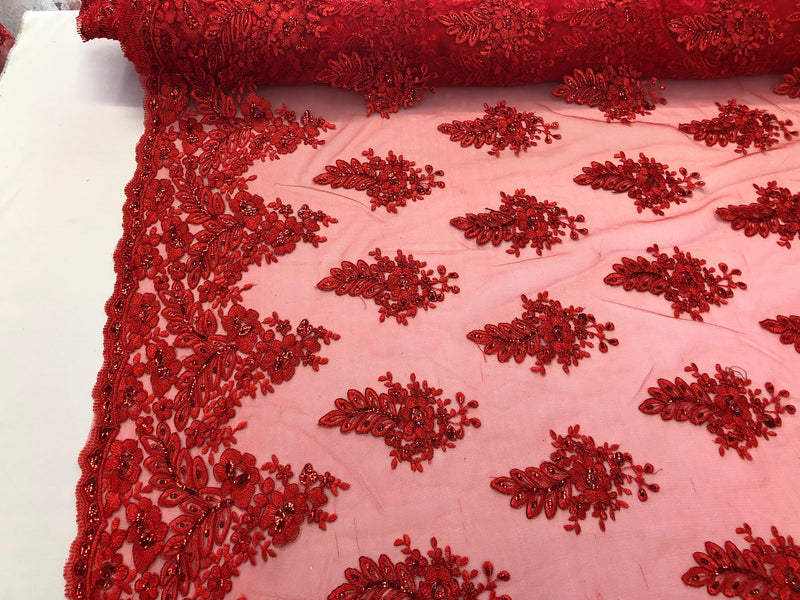 Floral Red Embroidered Lace Fabric with Sequins - Fancy Embroidery Design Fabrics By The Yard