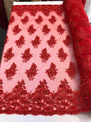 Floral Red Embroidered Lace Fabric with Sequins - Fancy Embroidery Design Fabrics By The Yard