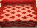 Floral Red Embroidered Lace Fabric with Sequins - Fancy Embroidery Design Fabrics By The Yard