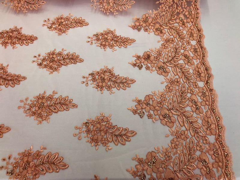 Floral Peach Embroidered Lace Fabric with Sequins - Fancy Embroidery Design Fabrics by The Yard