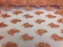 Floral Peach Embroidered Lace Fabric with Sequins - Fancy Embroidery Design Fabrics by The Yard