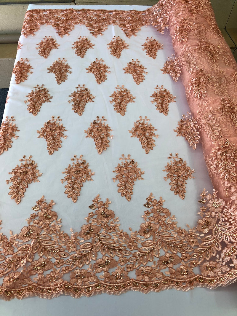 Floral Peach Embroidered Lace Fabric with Sequins - Fancy Embroidery Design Fabrics by The Yard