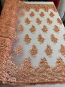Floral Peach Embroidered Lace Fabric with Sequins - Fancy Embroidery Design Fabrics by The Yard