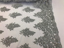 Floral Silver Embroidered Lace Fabric with Sequins - Fancy Embroidery Design Fabrics The The Yard