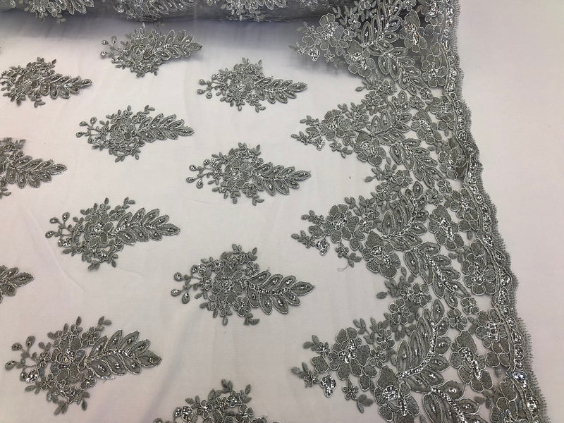 Floral Silver Embroidered Lace Fabric with Sequins - Fancy Embroidery Design Fabrics The The Yard