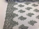 Floral Silver Embroidered Lace Fabric with Sequins - Fancy Embroidery Design Fabrics The The Yard