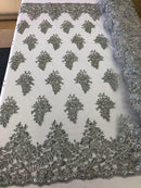 Floral Silver Embroidered Lace Fabric with Sequins - Fancy Embroidery Design Fabrics The The Yard