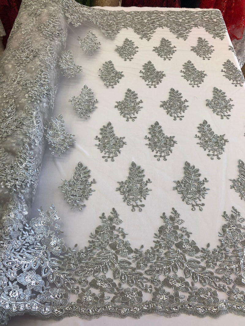 Floral Silver Embroidered Lace Fabric with Sequins - Fancy Embroidery Design Fabrics The The Yard