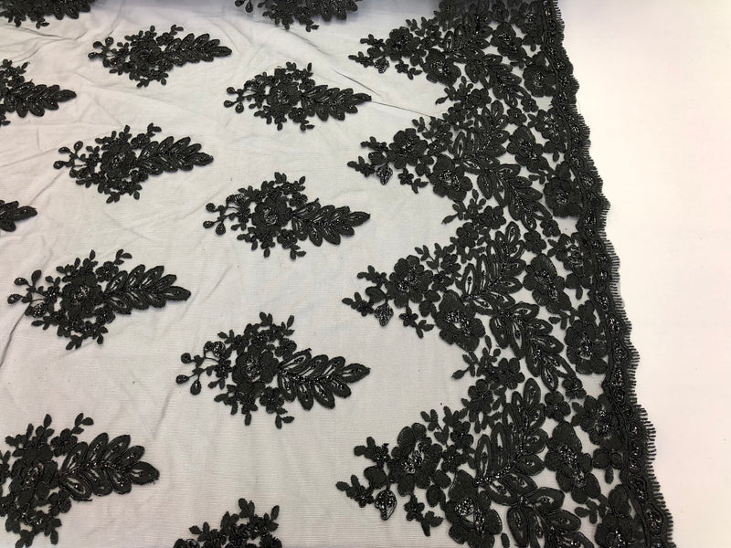 Floral Black Embroidered Lace Fabric with Sequins - Fancy Embroidery Design Fabric by The Yard