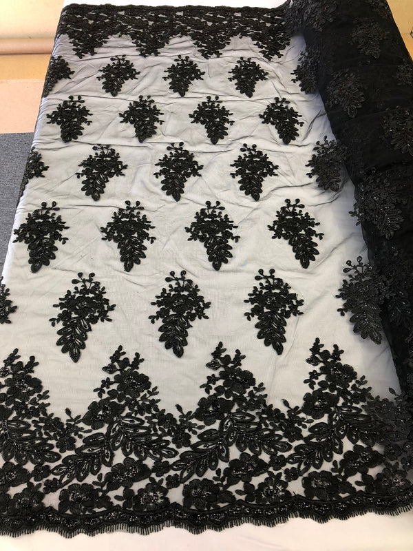 Floral Black Embroidered Lace Fabric with Sequins - Fancy Embroidery Design Fabric by The Yard