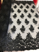 Floral Black Embroidered Lace Fabric with Sequins - Fancy Embroidery Design Fabric by The Yard