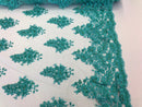 Floral Turquoise Embroidered Lace Fabric with Sequins Fancy Embroidery Design Fabrics By The Yard