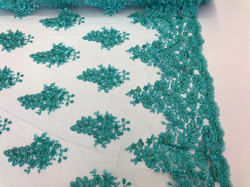Floral Turquoise Embroidered Lace Fabric with Sequins Fancy Embroidery Design Fabrics By The Yard
