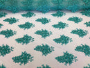 Floral Turquoise Embroidered Lace Fabric with Sequins Fancy Embroidery Design Fabrics By The Yard
