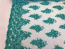 Floral Turquoise Embroidered Lace Fabric with Sequins Fancy Embroidery Design Fabrics By The Yard