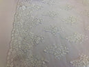 Floral Embroided Ivory  Lace Fabric with Sequins Fancy Embroidery Design Fabrics By The Yard