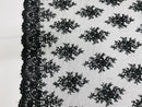 Floral Cluster Beads - Black - Embroidered Beaded Flower Design Fabric on Mesh