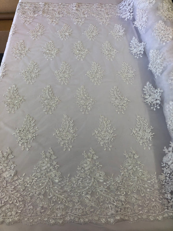 Floral Embroided Ivory  Lace Fabric with Sequins Fancy Embroidery Design Fabrics By The Yard