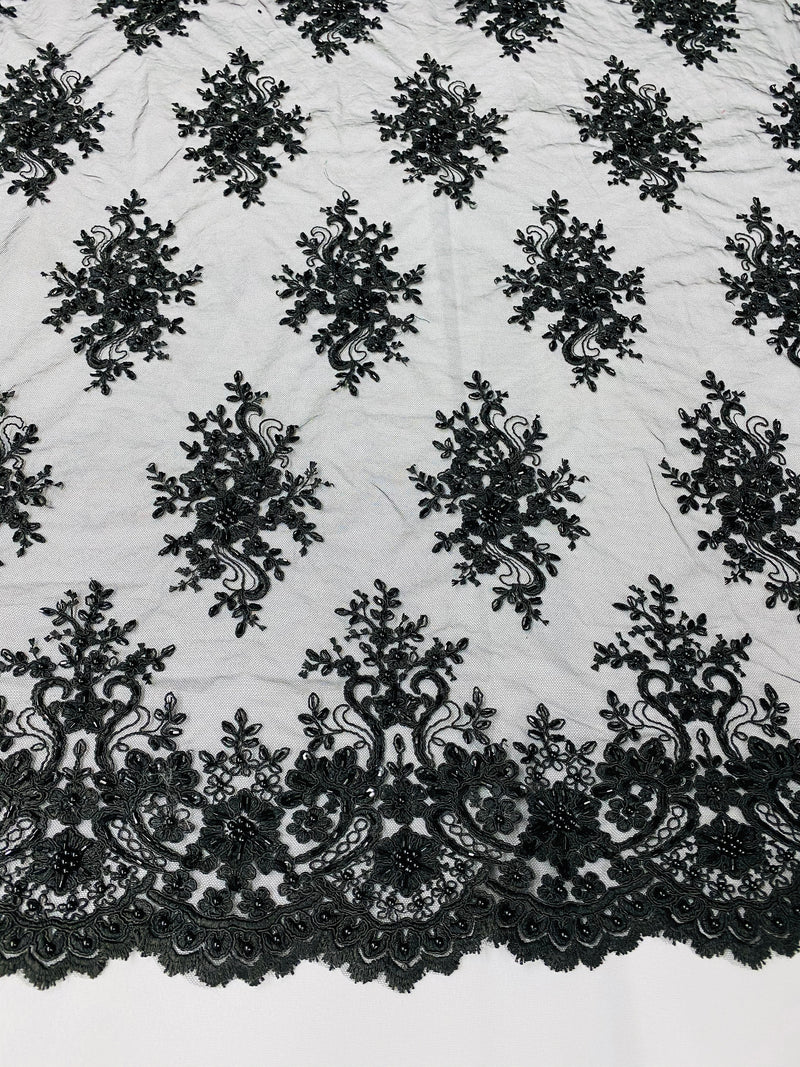 Floral Cluster Beads - Black - Embroidered Beaded Flower Design Fabric on Mesh