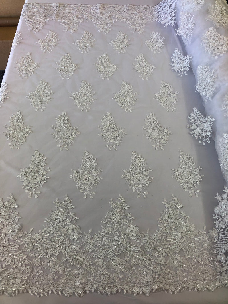 Floral Embroided Ivory  Lace Fabric with Sequins Fancy Embroidery Design Fabrics By The Yard
