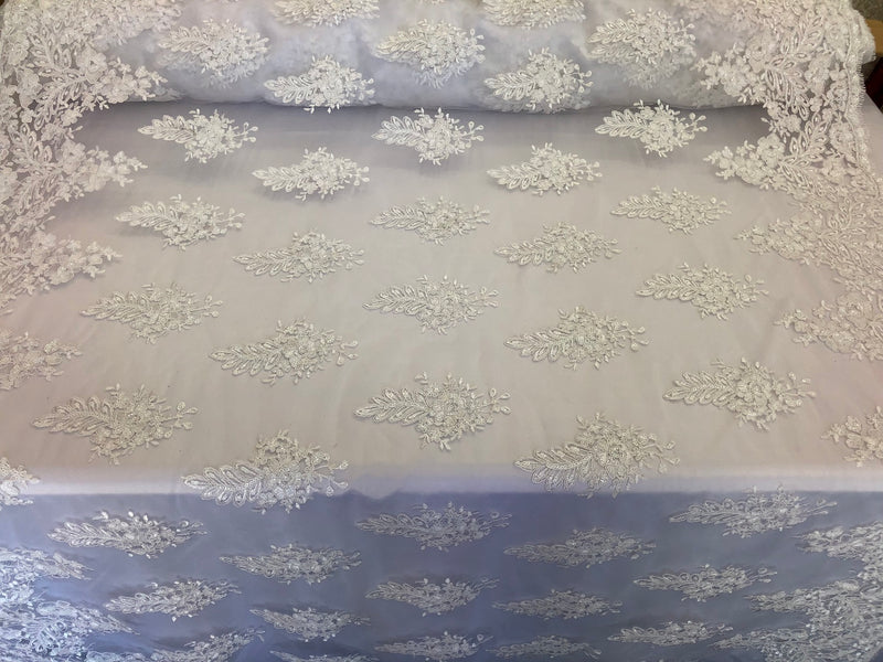 Floral Embroided Ivory  Lace Fabric with Sequins Fancy Embroidery Design Fabrics By The Yard