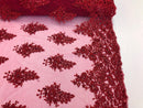 Floral Burgundy Embroidered Lace Fabric with Sequins Fancy Embroidery Design Fabrics  By The Yard