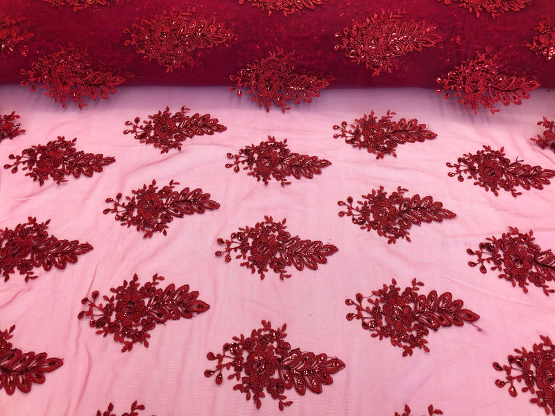 Floral Burgundy Embroidered Lace Fabric with Sequins Fancy Embroidery Design Fabrics  By The Yard