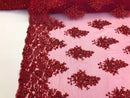 Floral Burgundy Embroidered Lace Fabric with Sequins Fancy Embroidery Design Fabrics  By The Yard