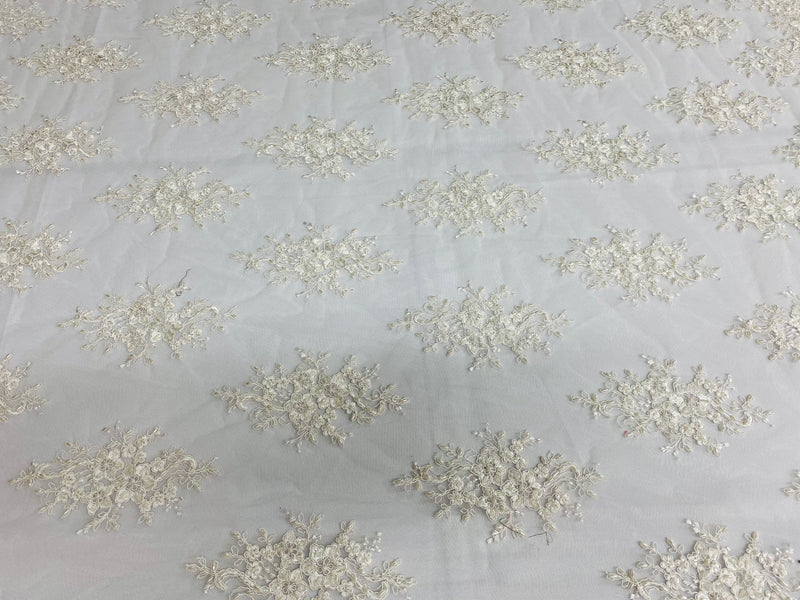 Floral Cluster Beads - Off White - Embroidered Beaded Flower Design Fabric on Mesh