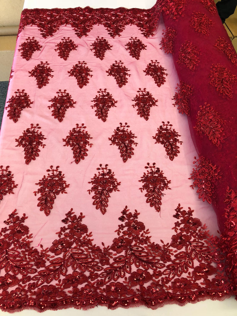 Floral Burgundy Embroidered Lace Fabric with Sequins Fancy Embroidery Design Fabrics  By The Yard