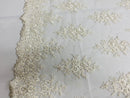 Floral Cluster Beads - Off White - Embroidered Beaded Flower Design Fabric on Mesh