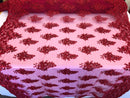 Floral Burgundy Embroidered Lace Fabric with Sequins Fancy Embroidery Design Fabrics  By The Yard