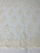 Floral Cluster Beads - Off White - Embroidered Beaded Flower Design Fabric on Mesh