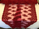 Floral Burgundy Embroidered Lace Fabric with Sequins Fancy Embroidery Design Fabrics  By The Yard