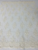 Floral Cluster Beads - Off White - Embroidered Beaded Flower Design Fabric on Mesh