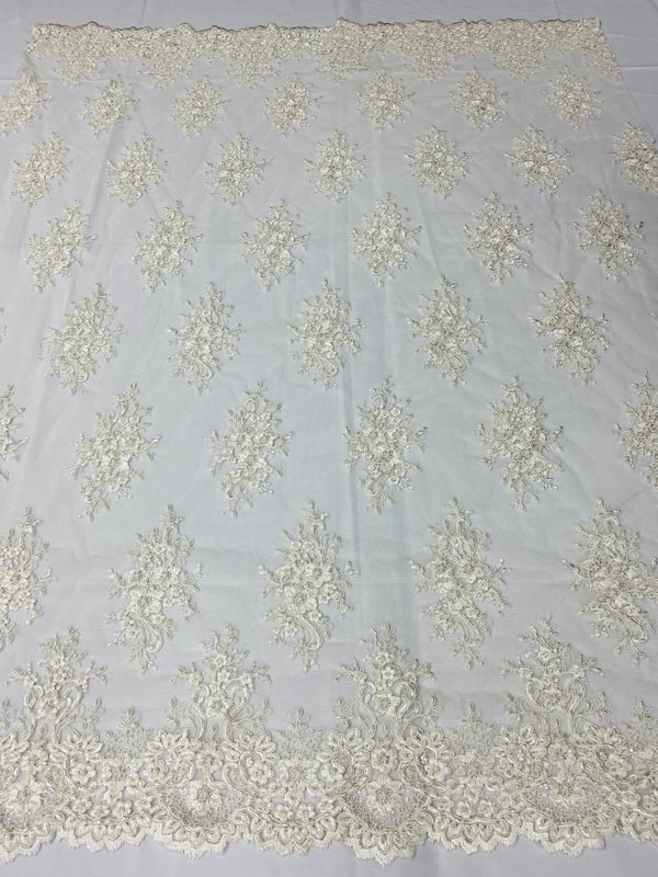 Floral Cluster Beads - Off White - Embroidered Beaded Flower Design Fabric on Mesh