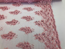 Floral Pink Embroidered Lace Fabric with Sequins Fancy Embroidery Design Fabrics By The Yard