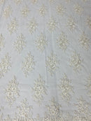 Floral Cluster Beads - Off White - Embroidered Beaded Flower Design Fabric on Mesh