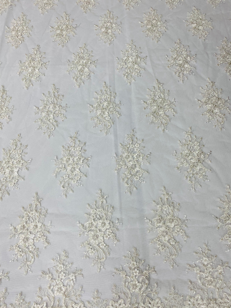 Floral Cluster Beads - Off White - Embroidered Beaded Flower Design Fabric on Mesh