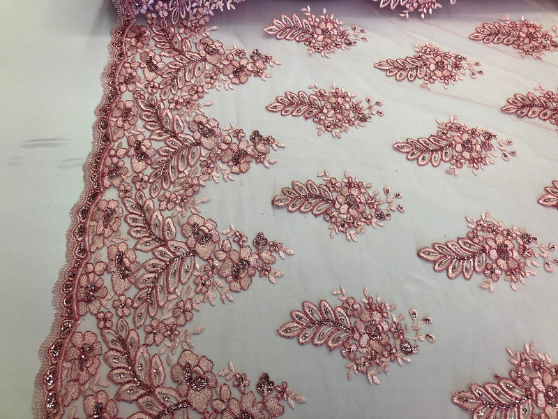 Floral Pink Embroidered Lace Fabric with Sequins Fancy Embroidery Design Fabrics By The Yard