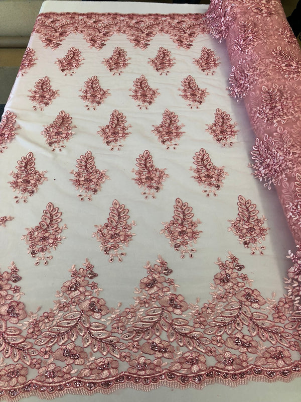 Floral Pink Embroidered Lace Fabric with Sequins Fancy Embroidery Design Fabrics By The Yard