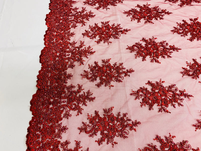 Floral Cluster Beads - Burgundy - Embroidered Beaded Flower Design Fabric on Mesh