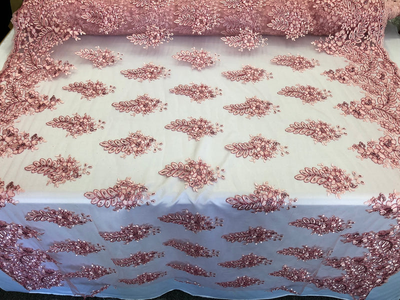 Floral Pink Embroidered Lace Fabric with Sequins Fancy Embroidery Design Fabrics By The Yard